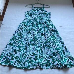 LANDS’ END Linen Leaf print Maxi Dress Size M 10-12 Green and white